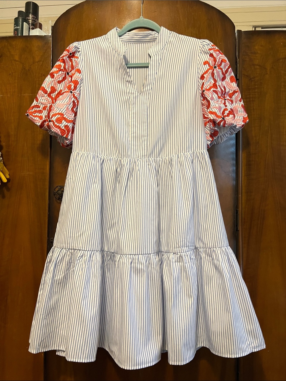 Women’s Blue-White Striped Tiered Dress with Red Puff Sleeves Medium